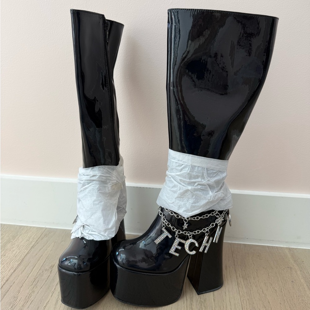 Dolls Kill Club Exx Tech-No For An Answer Black Patent Platform GoGo Boots NEW 8